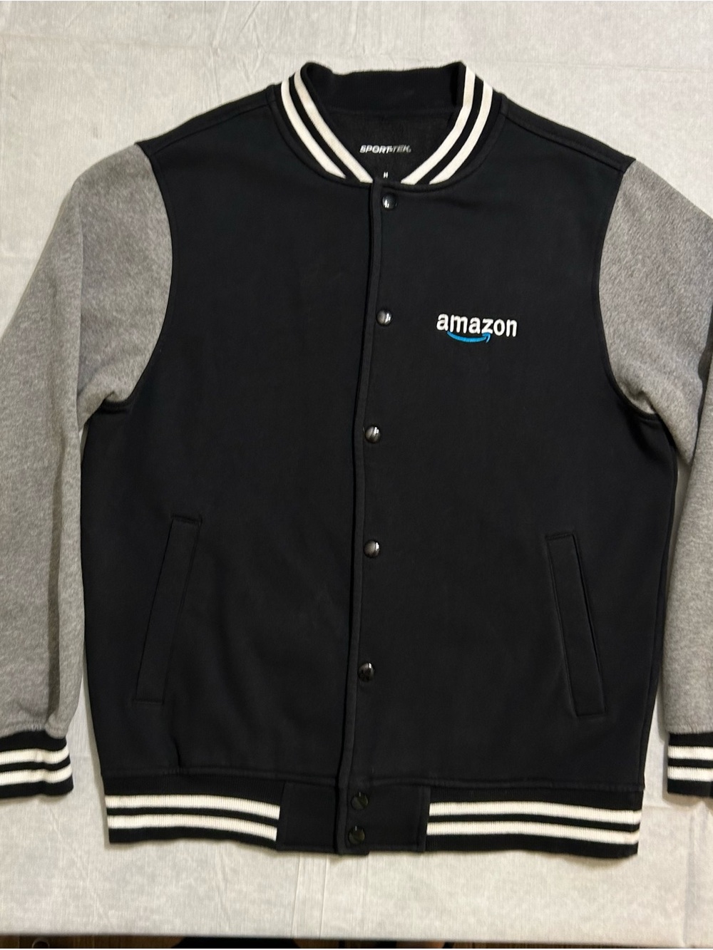 Amazon Logo SportTek Mens M Black Varsity Jacket Snap Front Delivery Employee